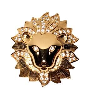 Alana Stewart Lion Head Brooch Gold Tone Crystal Rhinestones Statement Pin Vtg